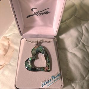 Necklace, abalone heart, silver tone chain